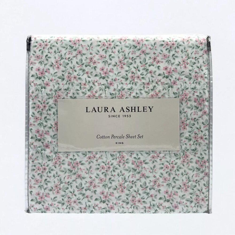 Laura Ashley Tierney White/Pink/Green Floral King Sheet Set 100% Cotton Percale